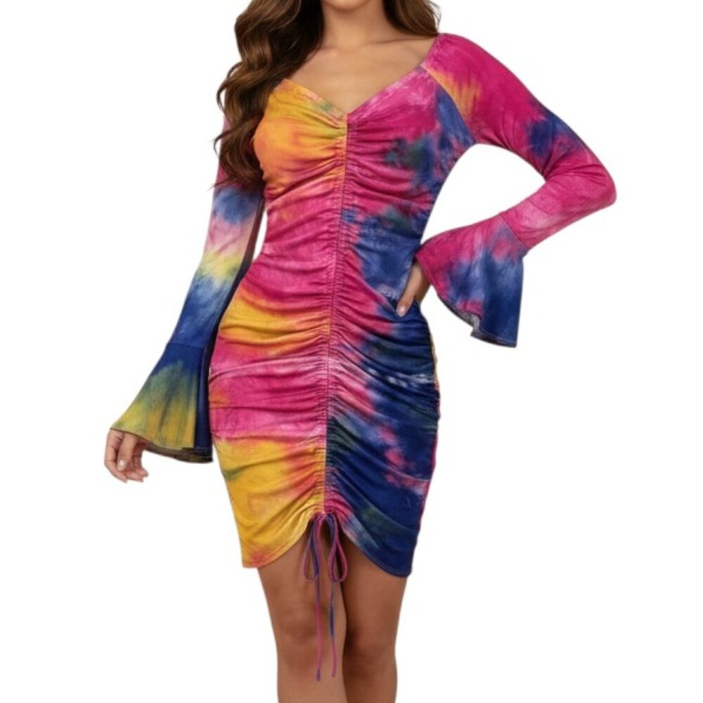 Queen Mania Off Shoulder Bodycon Mini Dress Ruched Tie Dye S